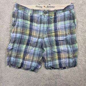 Tommy Bahama Shorts Mens Sz 36  Blue Plaid Linen Blend Casual Summer Lightweight